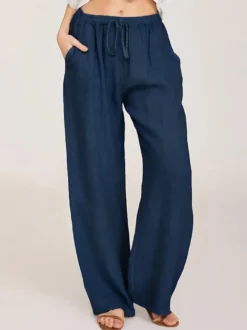 Pantalon large pour femme - Pantalon fluide décontracté à taille élastique et cordon de serrage - Vacances d'été à la plage 2026