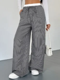 Pantalon large rayé noir et blanc pour femme taille élastiquée contrastée avec cordon de serrage style décontracté
