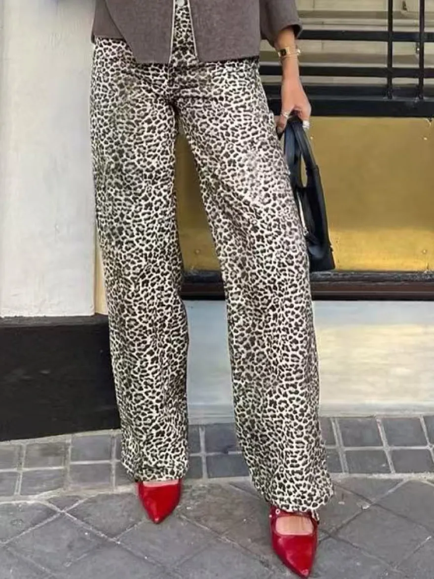 Pantalon marron taille haute imprimé léopard