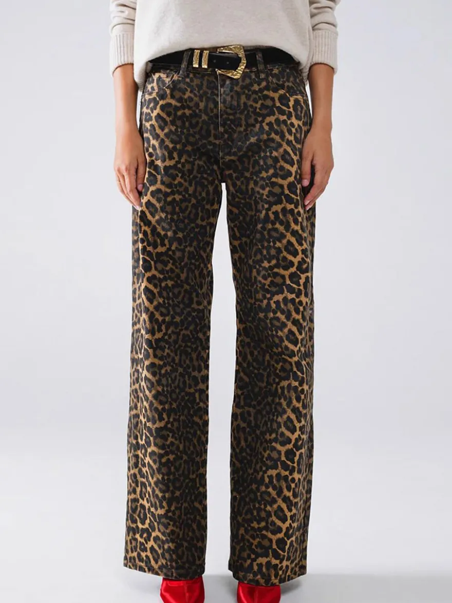 Pantalon marron taille haute imprimé léopard