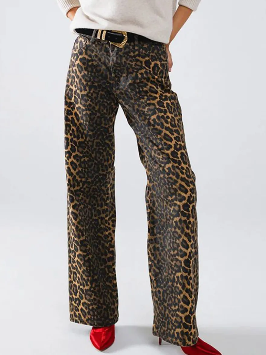 Pantalon marron taille haute imprimé léopard