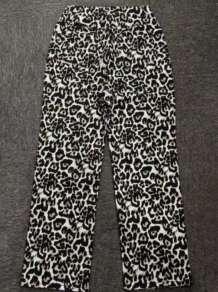 Pantalon marron taille haute imprimé léopard
