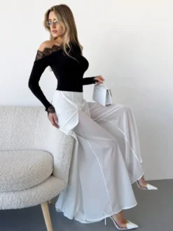 Pantalon palazzo femme à jambes larges double épaisseur de maille fendue fluide taille haute