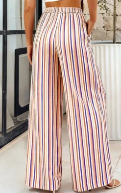 Pantalon palazzo à rayures bohèmes pour femme - Imprimé vertical taille haute cordon de serrage - Collection été 2026