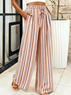 Pantalon palazzo à rayures bohèmes pour femme - Imprimé vertical taille haute cordon de serrage - Collection été 2026
