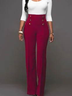 Pantalons Femmes Décontractés Longs Coupe Cintrée à Zip Décors avec Boutonnages Unicolore