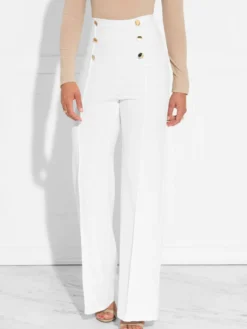 Pantalons Femmes Décontractés Longs Coupe Cintrée à Zip Décors avec Boutonnages Unicolore