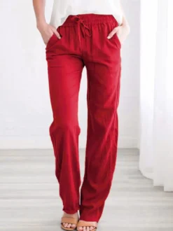 Pantalons Longs Femme Coupe Cintrée à Lacets avec Poches Unicolore