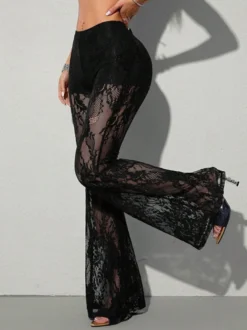 Pantalon évasé taille haute en dentelle florale transparente pantalon à jambes pattes d'éléphant en résille transparente