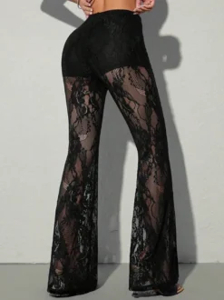 Pantalon évasé taille haute en dentelle florale transparente pantalon à jambes pattes d'éléphant en résille transparente