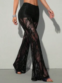 Pantalon évasé taille haute en dentelle florale transparente pantalon à jambes pattes d'éléphant en résille transparente
