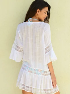 Paréo blanc à manches courtes en dentelle robe courte maillot de bain d'été pour la plage