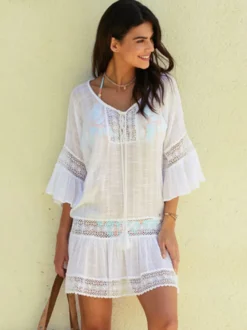 Paréo blanc à manches courtes en dentelle robe courte maillot de bain d'été pour la plage