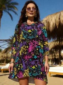 Paréo jaune à manches longues et imprimé géométrique robe courte en résille maillot de bain d'été pour la plage