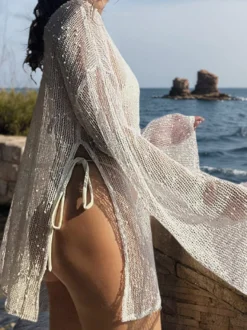 Paréos blancs à manches longues découpées pour femmes maillots de bain d'été pour la plage