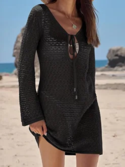 Paréos mini-robes sculptantes à manches longues et col rond maillots de bain noirs d'été pour la plage