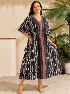 Paréos robes maxi oversize à cordon de serrage manches mi-longues col en V maillots de bain verts décontractés pour la plage