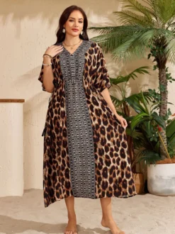 Paréos robes maxi oversize à cordon de serrage manches mi-longues col en V maillots de bain verts décontractés pour la plage
