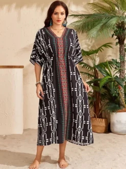 Paréos robes maxi oversize à cordon de serrage manches mi-longues col en V maillots de bain verts décontractés pour la plage