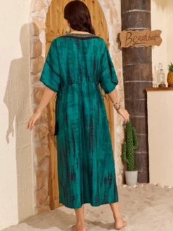 Paréos robes maxi oversize à cordon de serrage manches mi-longues col en V maillots de bain verts décontractés pour la plage