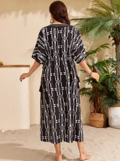 Paréos robes maxi oversize à cordon de serrage manches mi-longues col en V maillots de bain verts décontractés pour la plage