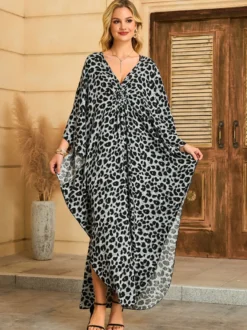Paréos robes maxi oversize à manches longues imprimé léopard col en V manches chauve-souris maillots de bain de plage colorés et décontractés