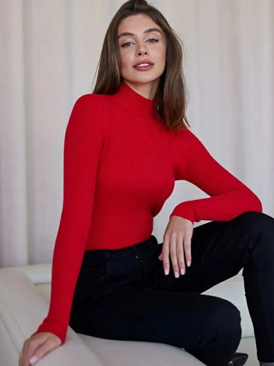 Pull Femme Chandails Simple Col Haut Manches Longues
