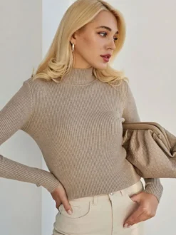 Pull Femme Chandails Simple Col Haut Manches Longues