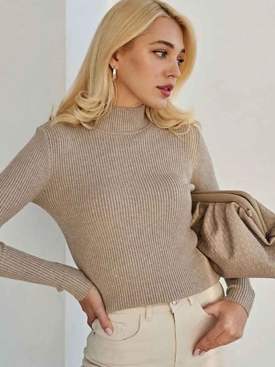 Pull Femme Chandails Simple Col Haut Manches Longues