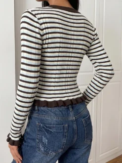 Pull femme marron café bicolore à col rond et manches longues en viscose