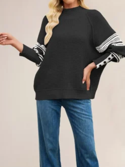 Pull oversize ample à col montant rayé en maille gaufrée et poignets boutonnés imprimé ethnique