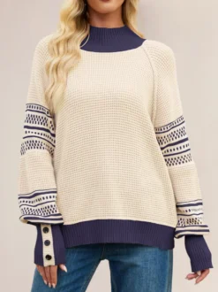 Pull oversize ample à col montant rayé en maille gaufrée et poignets boutonnés imprimé ethnique
