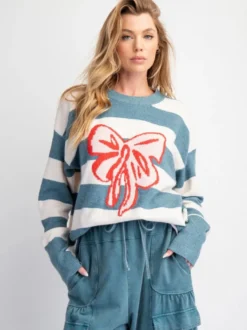 Pull oversize en maille à rayures et nœud papillon pour femme 2026