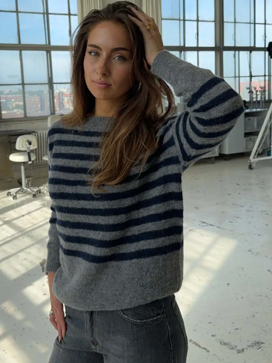 Pull rayé décontracté en maille coupe ample col rond pour femme 2026