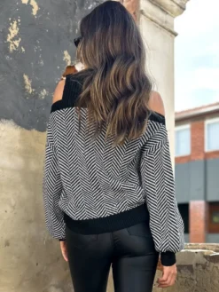 Pulls pour femmes noir bloc de couleur col bijou manches longues épaule ouverte pulls en acrylique