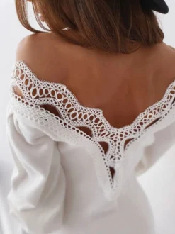 Pulls Robes en Mailles Femmes Hiver à Col en V et Dos nu avec Dentelle Silhouette avec Manche de landerne
