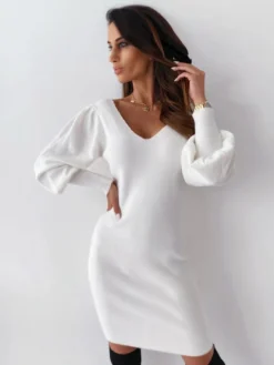 Pulls Robes en Mailles Femmes Hiver à Col en V et Dos nu avec Dentelle Silhouette avec Manche de landerne