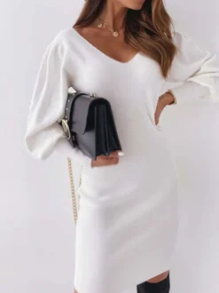 Pulls Robes en Mailles Femmes Hiver à Col en V et Dos nu avec Dentelle Silhouette avec Manche de landerne