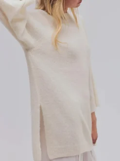 Pull tunique oversize en maille col rond manches raglan 3/4 évasées fente latérale