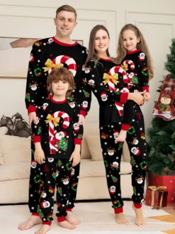 Pyjamas de Noël noirs et rouges pour toute la famille imprimé canne de Noël et Père Noël collection 2026