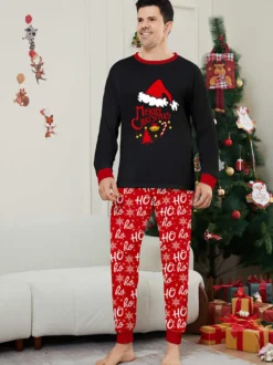 Pyjamas de Noël noirs et rouges pour toute la famille avec haut bonnet de Père Noël et pantalon Ho Ho Ho (collection 2026)