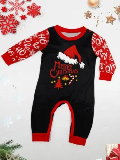 Pyjamas de Noël noirs et rouges pour toute la famille avec haut bonnet de Père Noël et pantalon Ho Ho Ho (collection 2026)