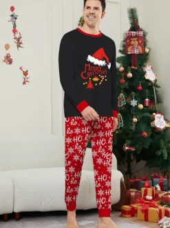Pyjamas de Noël noirs et rouges pour toute la famille avec haut bonnet de Père Noël et pantalon Ho Ho Ho (collection 2026)
