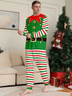 Pyjamas familiaux à rayures vertes et rouges sur le thème des lutins collection Noël 2026