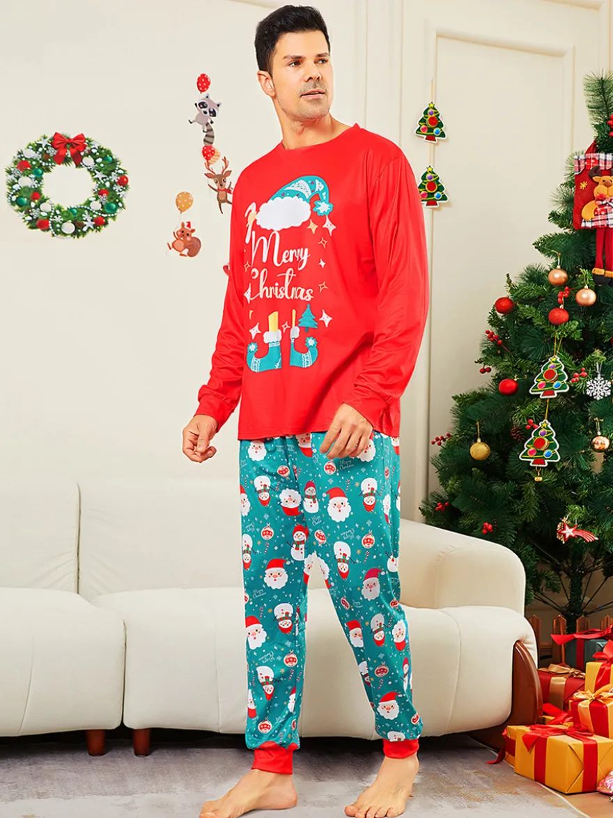 Pyjamas familiaux rouges et turquoise avec imprimé Joyeux Noël 2026