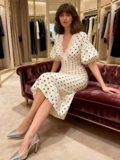 Robe blanche élégante mi-longue en dentelle à pois et col en V idéale pour une soirée romantique.