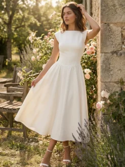Robe blanche trapèze à col bateau pour femme - Robe midi élégante et minimaliste à dos nu - Tenues d'été pour un rendez-vous galant 2026