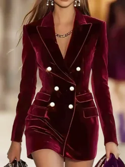 Robe blazer en velours pour femme col boutonné manches longues mini-robe tailleur avec poches