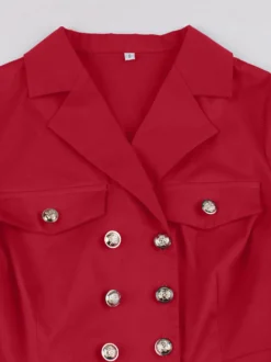 Robe blazer vintage à col blazer manches courtes double boutonnage détails de boutons robe midi unie évasée