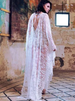 Robe Bohème Longue Femme avec Manches Longues Volantes à Col V Bas Evasée Unicolore